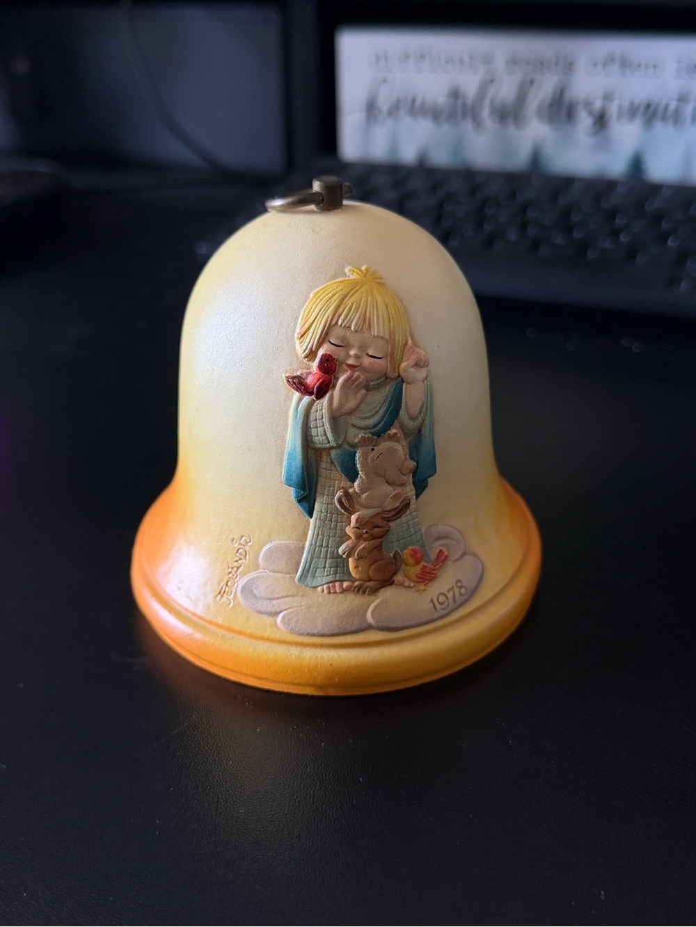 Vintage 1978 Reuge Swiss Musical Bell Child w/ Bird  O Come All Ye Faithful